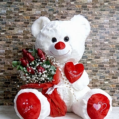 Büyük Beyaz Peluş ve Güller 65 Cm