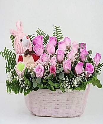 Pembe Güllü Oyuncaklı Sepet